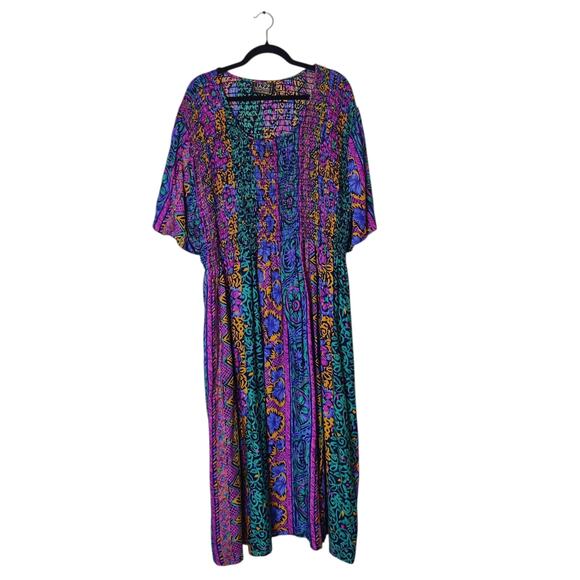 Vtg 90s More Jazz Colorful Abstract Artsy Smocked Tie Back Kaftan Midi Dress 3X - Picture 1 of 8